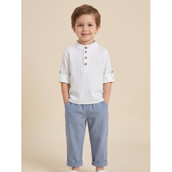 Kids Boys Summer Outfits Solid Color Buttons Short Sleeve Shirts and Elastic Waist Long Pants 2Pcs Clothes Set