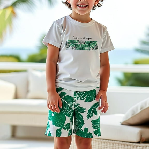 Kids Boys Summer Short Outfits Clothes Set Toddler Letter Print Short Sleeve Cotton T-Shirt Tops and Shorts 2Pcs Crewneck Clothing Set Green 6 Years