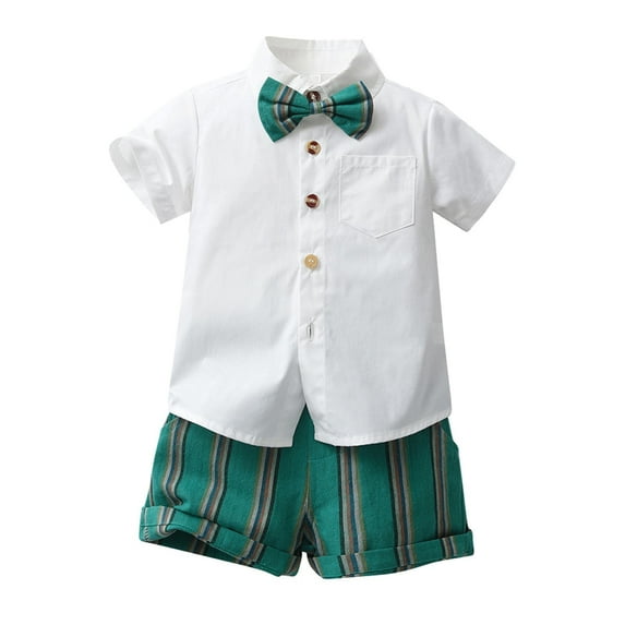 Kids Boys Summer Suit Short Sleeved Colorful Shirt With Bow Tie Navy Blue Shorts Sweat Outfit for Toddler Boys