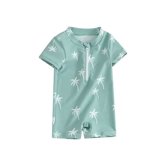 Kids Boys Summer Swimsuit Casual Tree/Dinosaur Print Zipper Short Sleeve Jumpsuit Swimwear Beachwear Bathing Suit