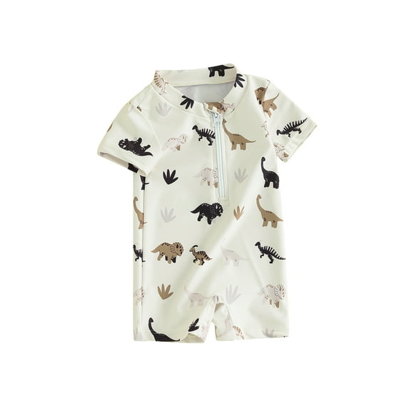 Kids Boys Summer Swimsuit Casual Tree/Dinosaur Print Zipper Short Sleeve Jumpsuit Swimwear Beachwear Bathing Suit