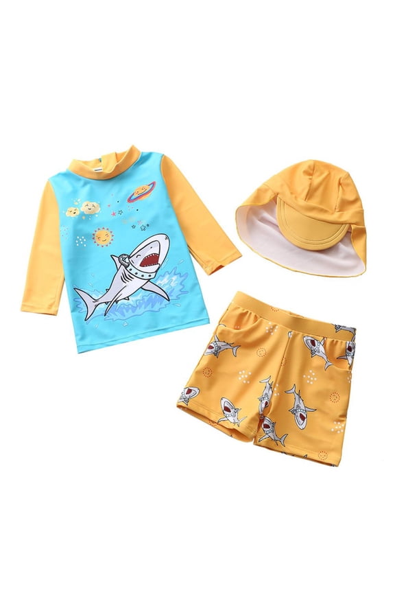 Kids Boys Swimsuit Set Long Sleeve Cartoon Print Bathing UV Protection Suit + Sun Hat 3 Pcs/Set,1-7 Years