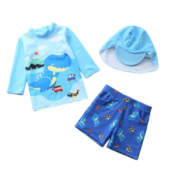 Kids Boys Swimsuit Set Long Sleeve Cartoon Print Bathing UV Protection Suit + Sun Hat 3 Pcs/Set,1-7 Years