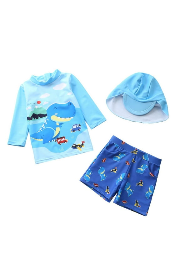 Kids Boys Swimsuit Set Long Sleeve Cartoon Print Bathing UV Protection Suit + Sun Hat 3 Pcs/Set,1-7 Years