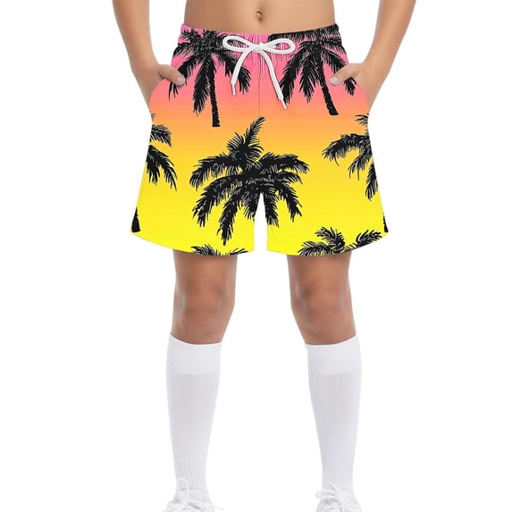 Kids' Boys Tropical Palm Tree Print Casual Shorts, Elastic Drawstring Waist Summer Beach Shorts for Boys, Knee-Length Gradient Boys Shorts (Multicolor, Size 6-14Y),Size 12-13T