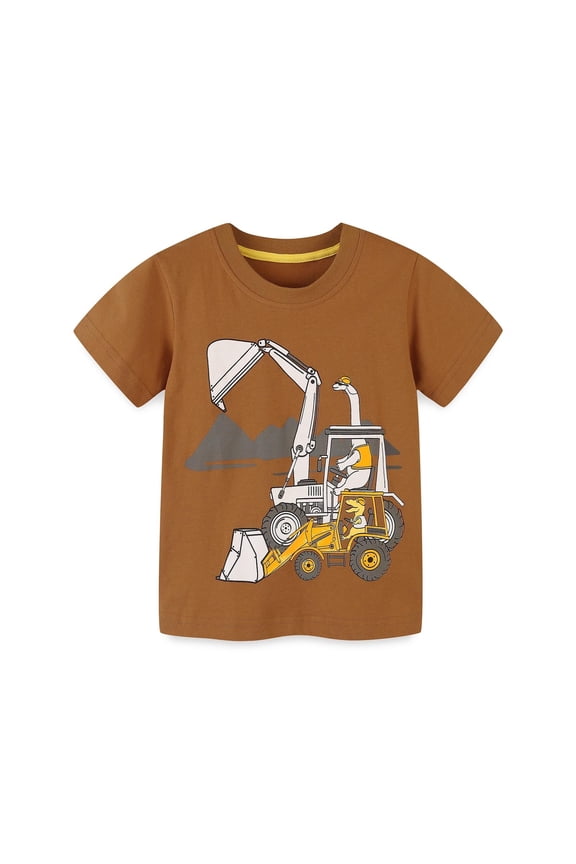 Kids Boys Tshirts Summer Cartoon Truck Print Round Neck Short Sleeve Casual Tops T Shirts Sportwear,Brown,5-6 Years