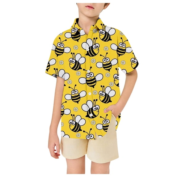 Kids Boys Tshirts Summer Cute Bee Print Lapel Botton Down Short Sleeves Fashion Tops T-Shirts Activewear,Yellow,5-6 Years