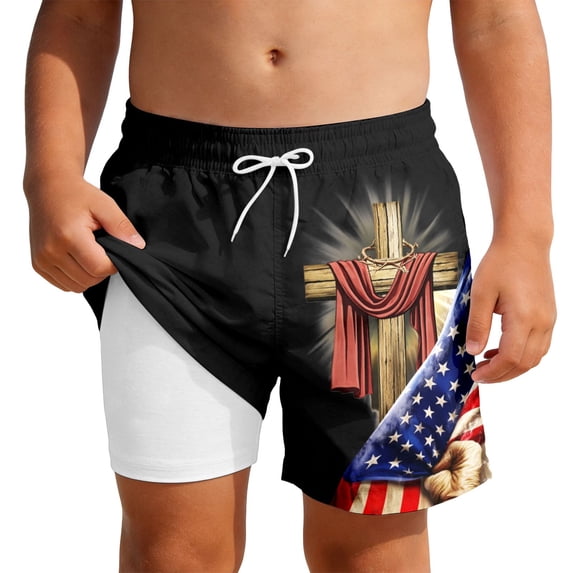 Kids Boys USA 250th Anniversary Stars and Stripes Print Swim Trunks Knee Length Double Layer Design Patriotic Theme Lightweight Beach Shorts Black 5 Years-6 Years