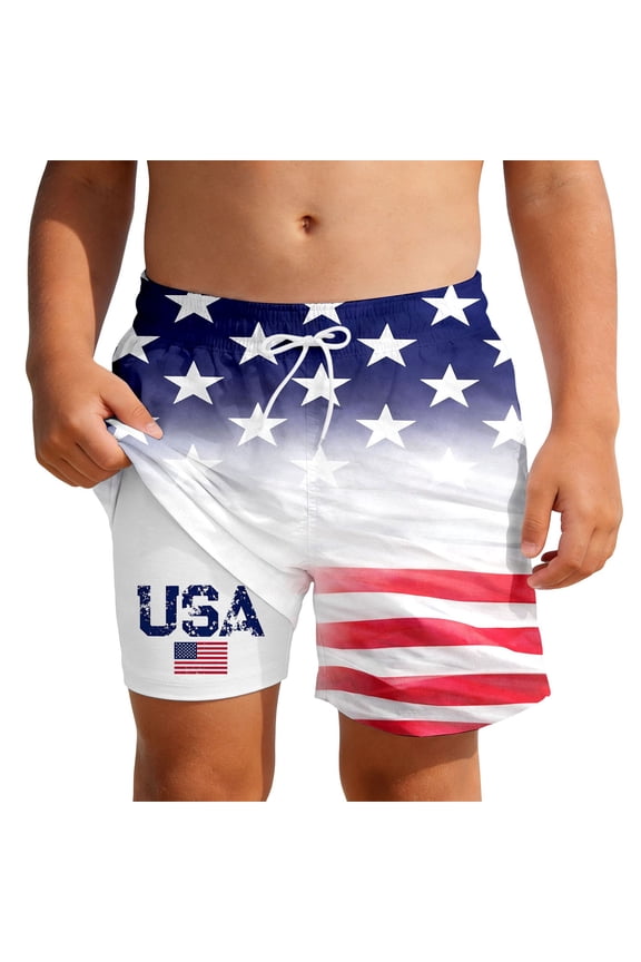 Kids Boys USA 250th Anniversary Stars and Stripes Print Swim Trunks Knee Length Double Layer Design Patriotic Theme Lightweight Beach Shorts Blue 9 Years-10 Years
