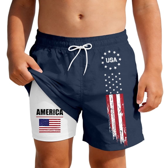 Kids Boys USA 250th Anniversary Stars and Stripes Print Swim Trunks Knee Length Double Layer Design Patriotic Theme Lightweight Beach Shorts Navy 9 Years-10 Years