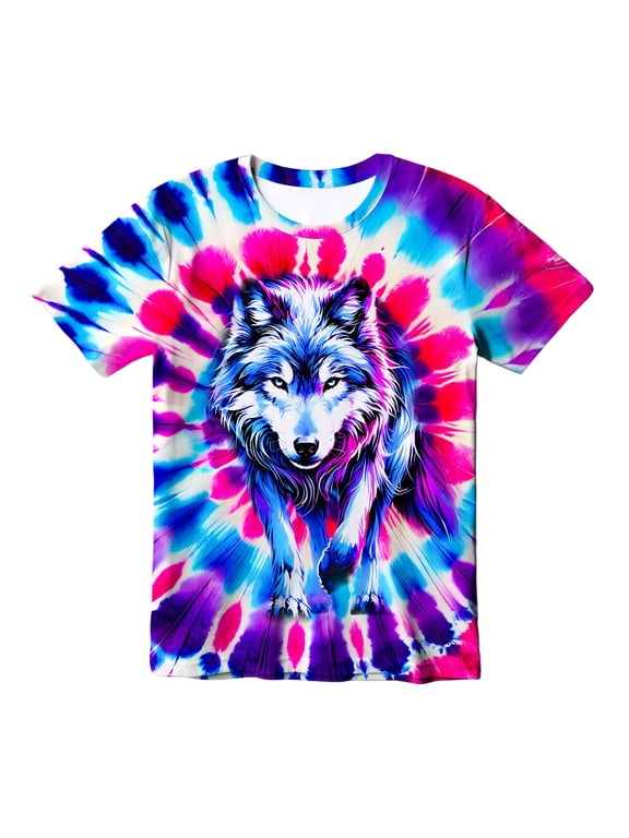 Kids Boys Vibrant Tie Dye Full Graphic Short Sleeve T-Shirt, Dinosaur Wolf Pineapple Peace Sign Printed Breathable Polyester Casual Crew Neck Tee Age 2-13