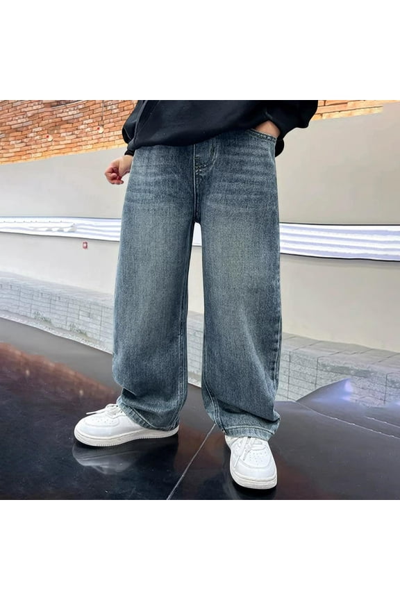 Kids Boys Wide Leg Jeans Durable Denim Relaxed Fit Straight Leg Baggy Denim Trousers for School Casual Daily Fashion, 5T-15Y