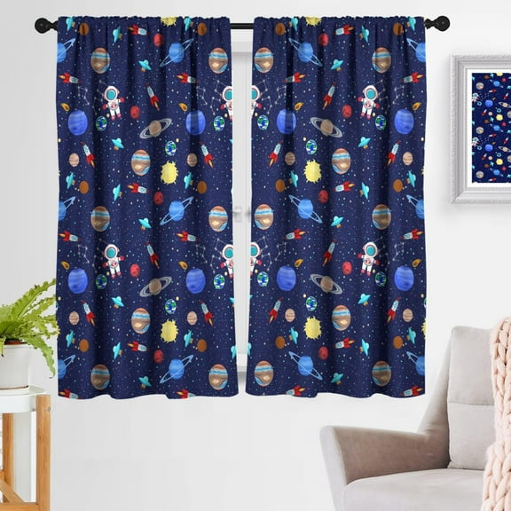 Kids Boys Window Curtain Galaxy Outer Space Playroom Spaceman Planet Theme Solar System Astronaut Blue Cartoon Curtains For Bedroom Living Room Bathroom 26"W x 63"L (Pack of 2)