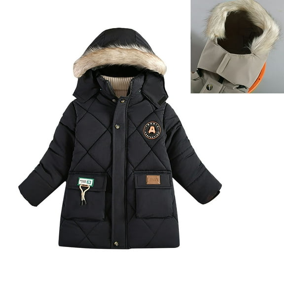Kids Boys Winter Coats Hooded Puffer Jacket Black Coat Zipper Long Sleeve Waterproof Kids Thicken Jacket Boys Winter Jackets Size 5-6 Years