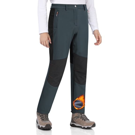 Kids Boys Winter Hiking Snow Pants, Waterproof Softshell Trousers with Fleece‑Lined Thermal, Elastic Waist for Cold Weather Outdoor Activities