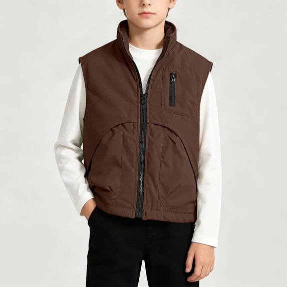 Kids Boys Zip Up Vest Stand Collar Sleeveless Jacket Casual Utility Outerwear with Pockets Fall Winter 3-12Y