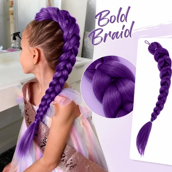 Kids Braided Ponytail Wig Dark Purple 25.6 in, Purple Wig Pre-Braided Hair Extension with Elastic Band, Heat Resistant Synthetic Fiber, Halloween Costume Cosplay Accessory for Girls 4-12