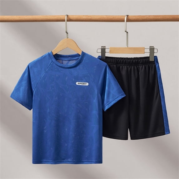 Kids' Breathable 4-13Y 2 Piece Active Set, Short Sleeve Tee & Elastic Shorts, Quick Dry Kids Sport Wear Blue 9-10 Years