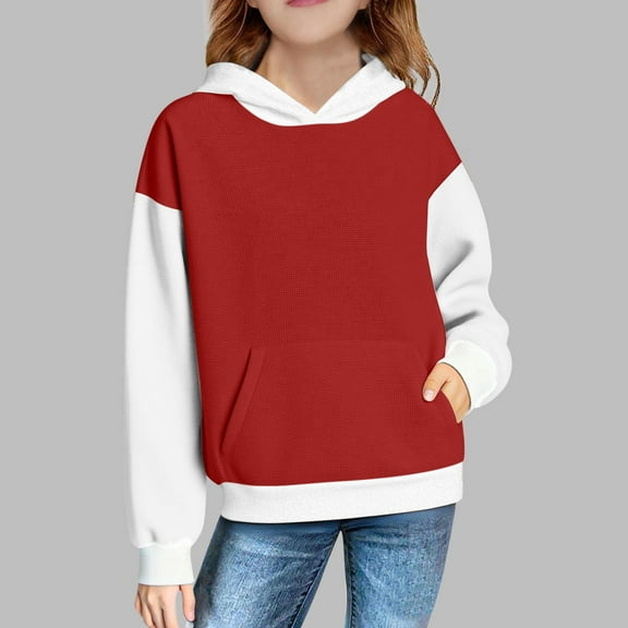 Kids Breathable Long Sleeve Tops New Cute Hoodies for Girls Oversized Long Sleeve Raglan Hooded Sweatshirt Color Block Teen Girls Pullover Tops Red 9 Years