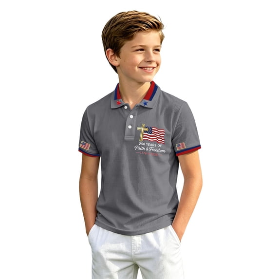 Kids Breathable Waffle Knit Patriotic Polo Shirt, USA 250 Years Flag Embroidery Short Sleeve Collared Tee for Boys Independence Day Casual Daily Wear(Grey5,7-8 Years)