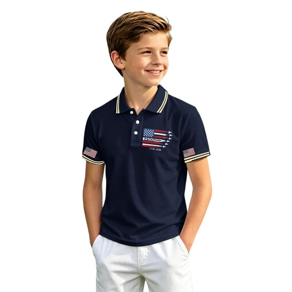 Kids Breathable Waffle Knit Patriotic Polo Shirt, USA 250 Years Flag Embroidery Short Sleeve Collared Tee for Boys Independence Day Casual Daily Wear(Navy1,13-14 Years)