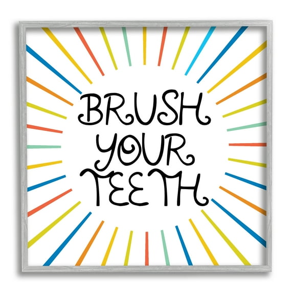Kids' Brush Your Teeth Bathroom Rules Rainbow Stripes Typography Framed Art Print Wall Art, 17x17