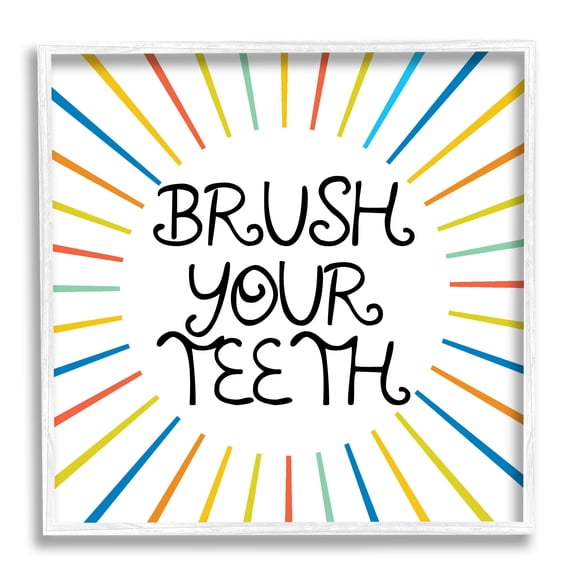 Kids' Brush Your Teeth Bathroom Rules Rainbow Stripes Typography Framed Art Print Wall Art, 17x17