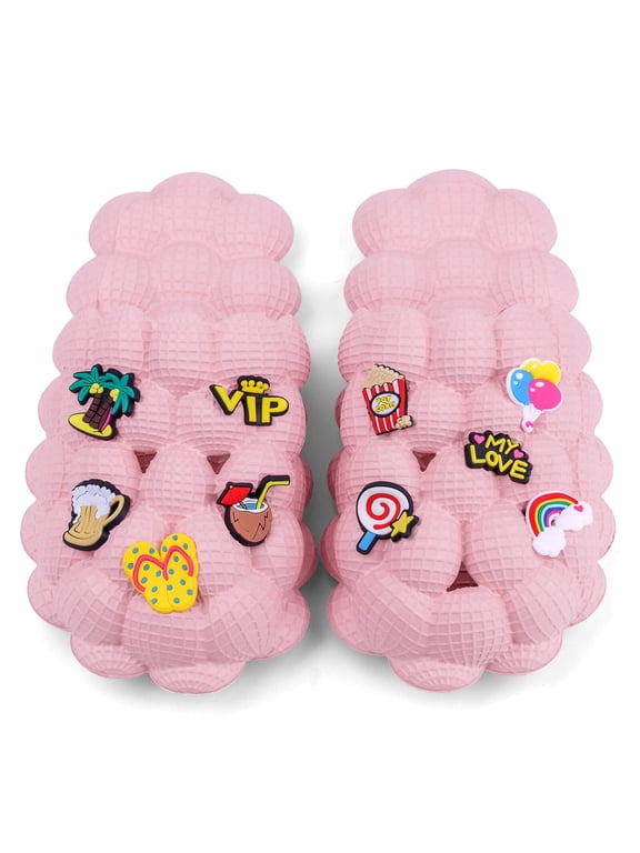 Kids Bubble Slides with Charms Boys Girls Funny Lychee Bubble Slippers Soft Massage Golf Ball Shoes Non-Slip House Slippers for Shower Bedroom Beach Pool