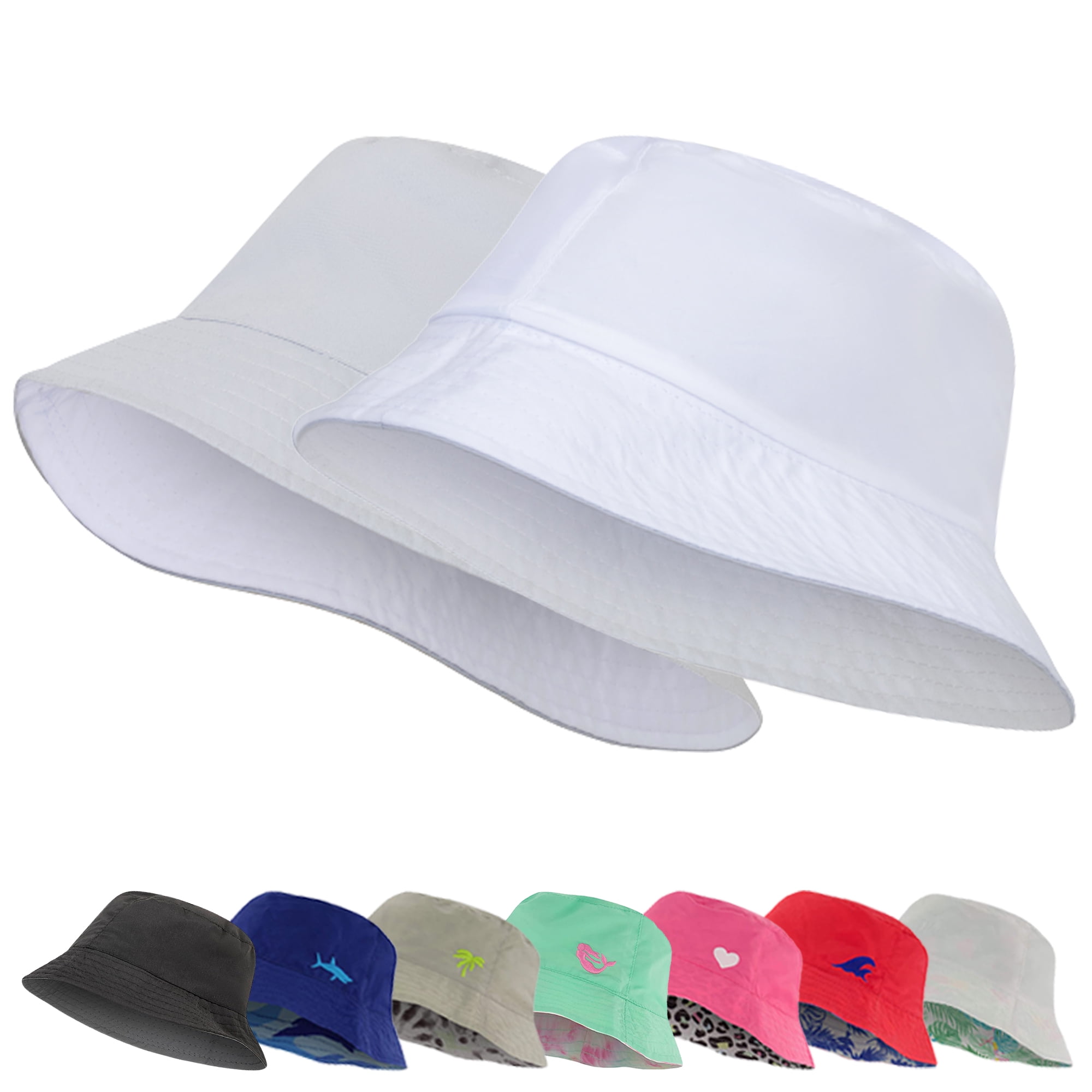 Kids Bucket Hat for Girls, Packable Fun & Cool Reversible Beach Sun Teen Toddler Bucket Hat (White / Light Grey, 3-6 Years)