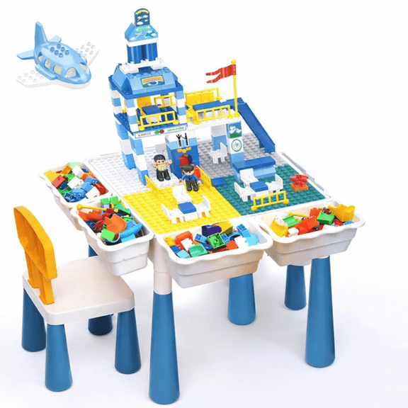 Kids Building Block Table Set 136-Piece AIRPORT TERMINAL Themed All-in-One Play Table with Chair STEM Toy Multi-Purpose Table for Boys and Girls