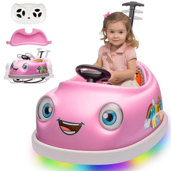 Kids Bumper Car 12V Ride on Toy for 3-5 Years Old with Pushrod and Dinner Plate, USB, Music, Rocking Horse Mode, Anti-Collision Bumper Car Ride on, Pink