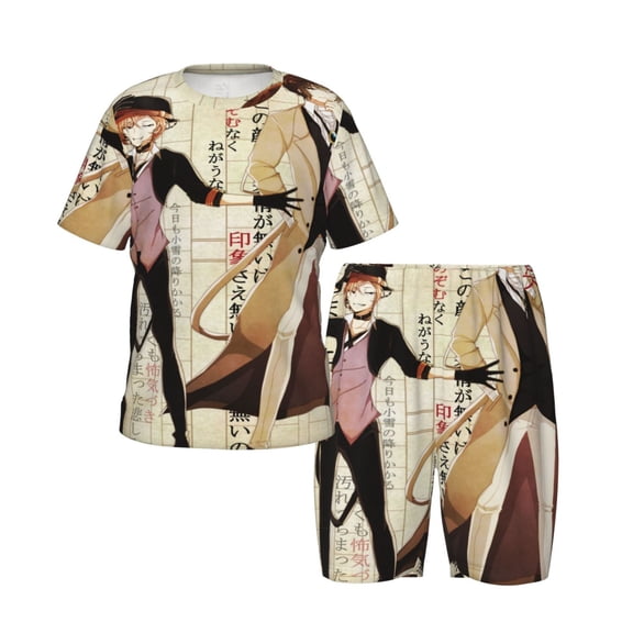 Kids Bungo Stray Dogs T Shirts Set Cute Short Sleeve Pajamas Set Cartoon Shorts Set for Boys Girls