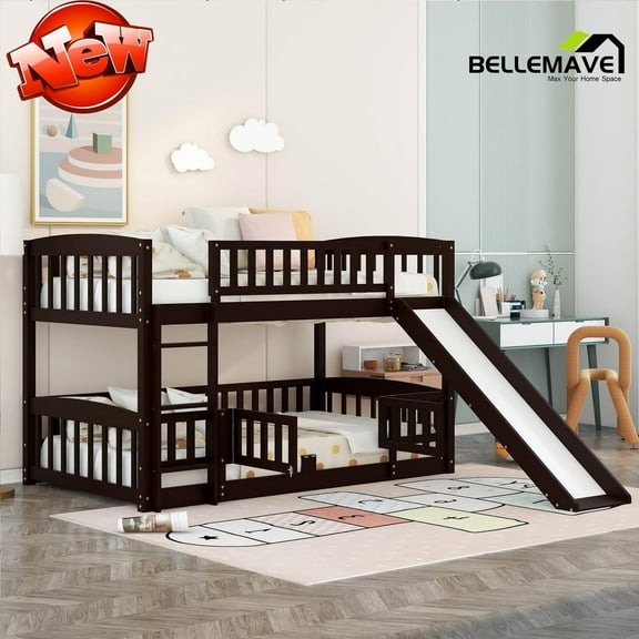BELLEMAVE Bunk Bed Twin over Twin Bunk Beds, Twin Bunk Bed with Slide, Ladder, Door Openable Fence, Low Bunk Bed(Espresso)