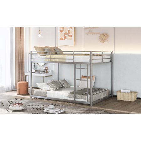 Kids Bunk Beds Full over Full, MDHAND Metal Full over Full Bunk Bed Frame, Space Saving Bunk Beds for Kids Adults Teens, Solid Bunk Beds with Ladder/Safety Rail, No Box Spring Needed, Sliver, V284