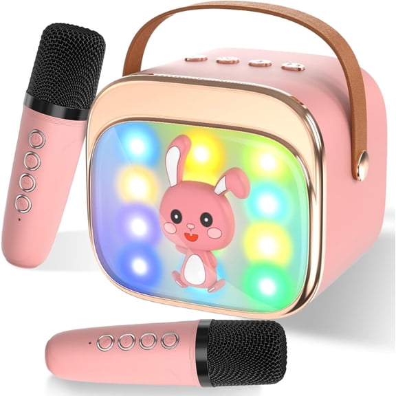 Kids Bunny Karaoke Bluetooth Speaker,Bluetooth5.4,4 Voice Changer,RGB Lights + 2 Rechargeable Wireless Mics