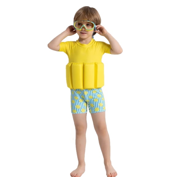 Kids Buoyancy Swimsuit Summer Cartoon Print Sleeveless One Piece Bathing Suit for Boys and Girls Beach Surfing Yellow 5 Years-6 Years