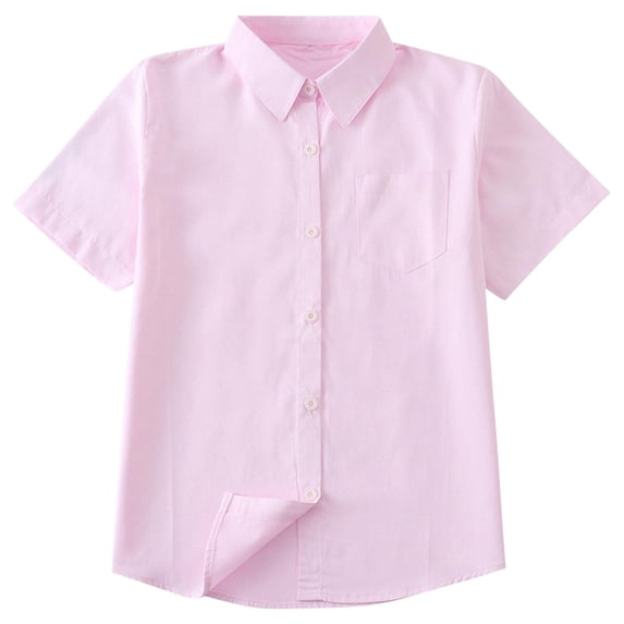 Kids Button Down Shirts Short Sleeve Cotton Collared Tops Blouses Boys Girls Casual Summer School Uniform (M, Pink)