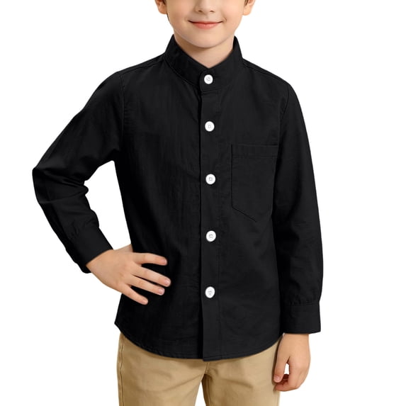 Kids Button Down Shirts Solid Color Stand Collar Long Sleeve Shirt Soft School Uniform With Chest Pockets Black