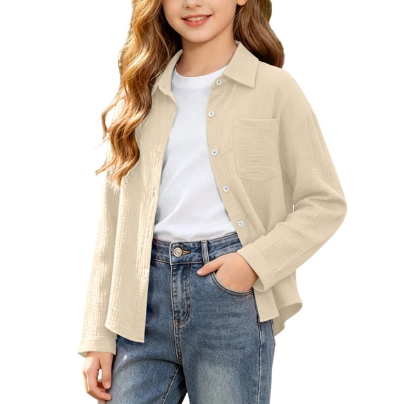 Kids' Button Front Cardigan Lapel Collar Textured Long Sleeve Chest Pocket Casual Shirt Jacket for Girls 3-14Y Beige 11-12 Years