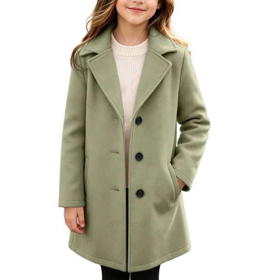 Kids Button Down Wool Coat, Kids Wool Coat 5-15Y Button Down Long Sleeve Lapel Mid-Length Trench Coat with Side Pockets for Boys Girls Fall Winter Daily Wear(Green,6-7Years)