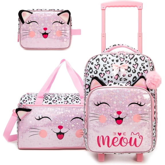 Kids Caary on Luggage Sets Hardshell Suitcases for Girls with Wheels Rolling Suitcase Set with Duffle Bag Pink Cat for Airplane