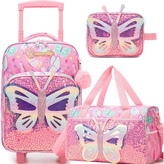 Kids Luggage Sets Hardshell Suitcases for Girls with Wheels 3 Piece Pink Rolling Suitcase Set with Duffle Bag for Airplane