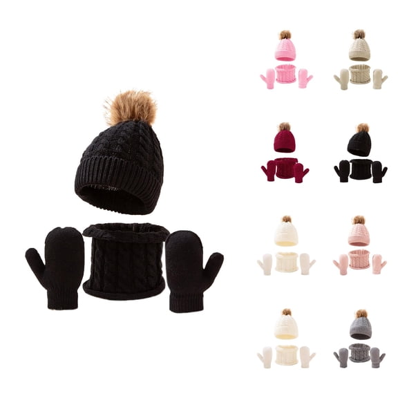 Kids Cable Knit Set With Pink Hat - Solid Color Plush Beanie Scarf Gloves Combo, Soft Skin-Friendly Winter Gifts, Cute Fall Outfit For Girls Ski
