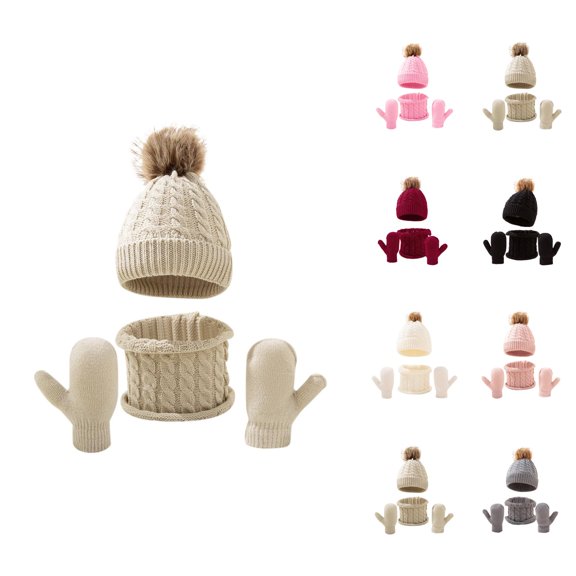 Kids Cable Knit Set With Pink Hat - Solid Color Plush Beanie Scarf Gloves Combo, Soft Skin-Friendly Winter Gifts, Cute Fall Outfit For Girls Ski