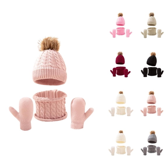 Kids Cable Knit Three Piece Set - Solid Color Hat Scarf Gloves Combo, Soft Skin-Friendly Stocking Stuffers, Cute Winter Gifts For Girls