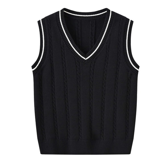 Kids Cable Knit Vest, V Neck Sleeveless Sweater for Boys Girls, Preppy Pullover Waistcoat for Spring Fall, 2-11Y Black, Size 100
