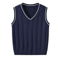 thumbnail image 1 of Kids Cable Knit Vest, V Neck Sleeveless Sweater for Boys Girls, Preppy Pullover Waistcoat for Spring Fall, 2-11Y Navy, Size 140, 1 of 8