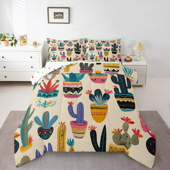 Cactus Comforter Set King Size Colorful Succulents Bedding Set,Tropical Botanical Down Comforter,Exotic Tribal Plants Quilt Set Bedroom Decor 3 Pcs