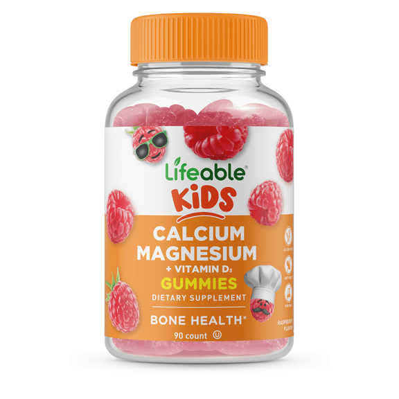 Kids Calcium Magnesium + Vitamin D3 Gummies, Natural Raspberry, 90 Gummies, Lifeable