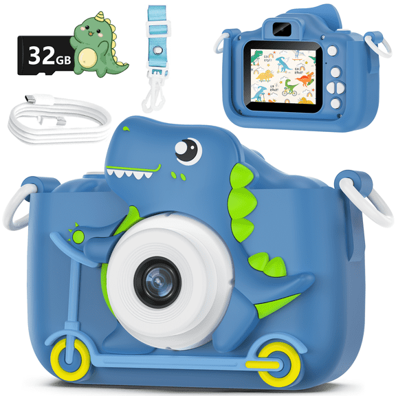 Kids Camera with 2.4" Screen, 1080P Video & Dual Lens, Dinosaur Protective Case, 16X Digital Zoom, 32G SD Card Included - Best Birthday/Christmas Gift for Toddlers Age 3-12(Blue)